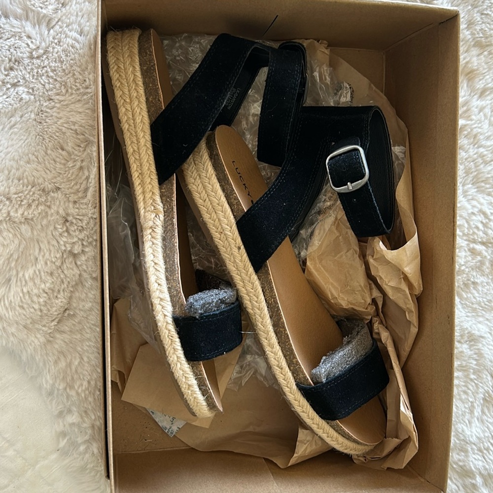 Lucky Brand Black Espadrille Ankle Strap Shoes Garston sandal size 8.5